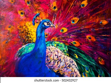 Original oil painting on canvas. Beautiful multicolored peacock. Modern art.

