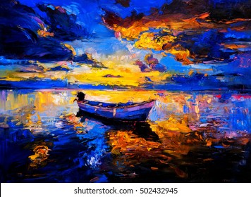 Original Oil Painting On Canvas. Sky Sunset And Boat On The Water. Modern Impressionism