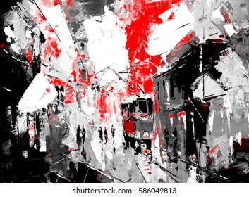 An Original Oil Painting On Canvas Cubism Style, Part Of Cubism Landscapes Collection, Just An Ordinary Day In The City, Urban, City Life, Sin City Inspiration - Black And Red Color