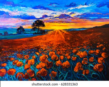 Original Oil Painting on canvas. Poppy field, sunset. Fine art. Modern Impressionism.
