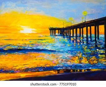 Original oil painting on canvas. Sunset painting. Modern art.