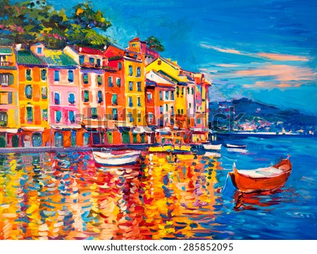 Original Oil Painting on Canvas. Boats and sea at the harbor. Modern impressionism by Nikolov