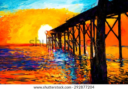 Original Oil Painting on Canvas- Sunset over the bridge- Modern impressionism by Nikolov