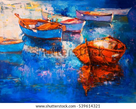 Original oil painting on canvas. Red boat on the blue water. Modern impressionism

