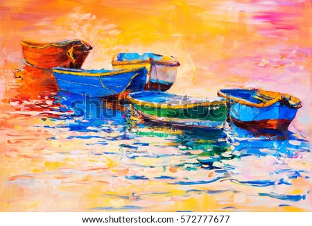 Original oil painting on canvas. Boats and sunset. Modern impressionism