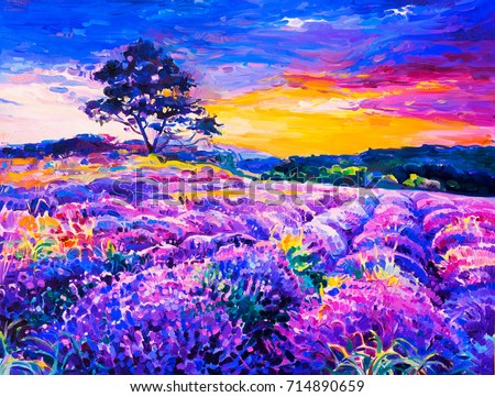 Original oil Painting on canvas. Lavender field with a tree. Modern art.