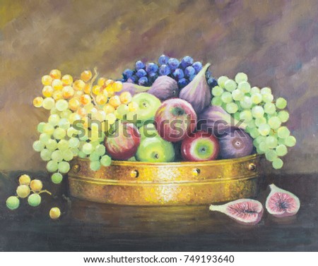 Original oil painting on canvas - Still life with fruit in copper pan on dark brown background. Red apples, green and blue grapes and figs.