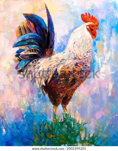 Original oil painting on canvas. Rooster painting. Domestic animal wallpaper. Modern art.