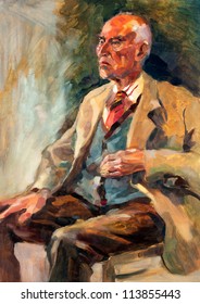 Original Oil Painting On Canvas.Portrait Showing A Senior Man  Sitting.Modern Impressionism