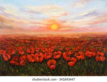 Original oil painting of Opium poppy( Papaver somniferum) field in front of beautiful sunset  on canvas.Modern Impressionism,modernism,marinism