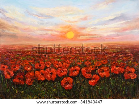 Original oil painting of Opium poppy( Papaver somniferum) field in front of beautiful sunset  on canvas.Modern Impressionism,modernism,marinism