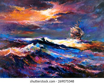 Original Oil Painting Of Orange Sail Ship And Stormy Ocean On Canvas - Sunset. Modern Impressionism By Nikolov