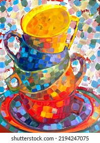 Original Oil Painting. Pointillism. Painted Cups. Bright Painting For The Interior. Modern Art 