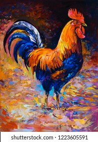 Original Oil Painting. Rooster Painting. Modern Art.