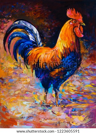 Original oil painting. Rooster painting. Modern art.