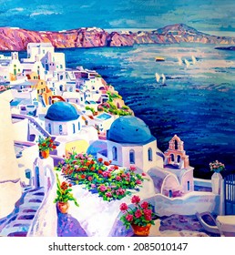 Original Oil Painting. Santorini. Oil On Canvas. Modern Art