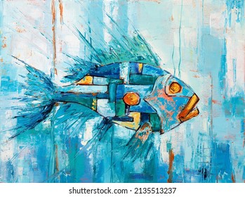 Original Oil Painting Showing Abstract Fish On Canvas. Modern Impressionism, Modernism,marinism
