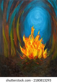 Original Oil Painting Showing Abstract Fire In The Night On Canvas. Modern Impressionism, Modernism,marinism
