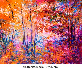 Original Oil Painting Showing Beautiful Autumn Stock Illustration ...