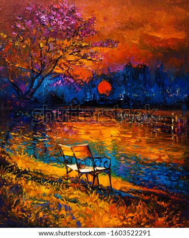 Original oil painting showing beautiful Autumn forest,lake and bench on canvas. Modern Impressionism
