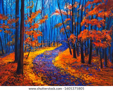Original oil painting showing beautiful Autumn forest on canvas. Modern Impressionism