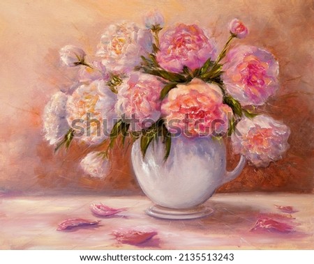 Original oil painting showing pink peony flowers bouquet in a bowl. Genus Paeonia, family Paeoniaceae.Modern Impressionism, modernism,marinism