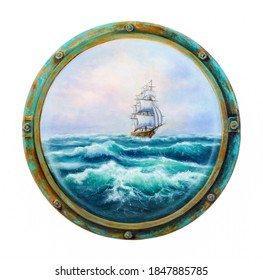 Original Oil Painting Showing  Ship   In  Stormy Ocean Or Sea Seen From Cabin Window Or Porthole On Canvas.Isolated On White Background.Modern Impressionism, Modernism,marinism
