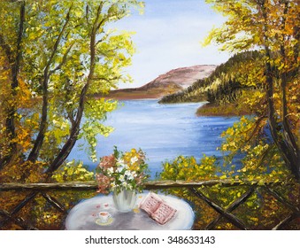 Original Oil Painting Showing Table With Flowers And Book In Front Of Beautiful Lake In The Mountains On Canvas.Spring Landscape. Modern Impressionism, Modernism, Marinism 