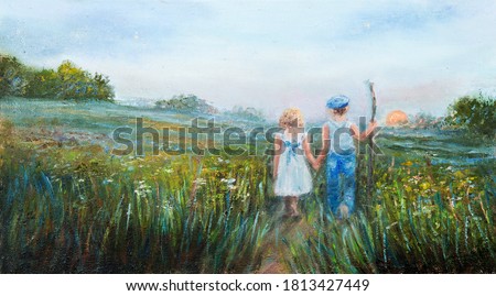 Original oil painting showing two kids holding hands,boy and girl watching the sunset outdoors  on canvas. Modern Impressionism, modernism,marinism