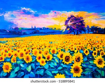 Original oil painting of sunflowers on canvas.Modern Impressionism

