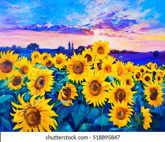 Original oil painting of sunflowers on canvas.Modern Impressionism
