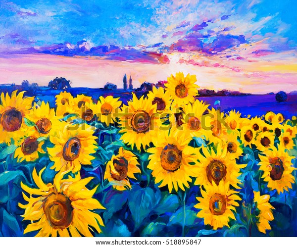 Original Oil Painting Sunflowers On Canvasmodern Stock Illustration ...