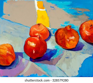 Original Oil Painting Of Tasty  Pomegranate Fruit ( Punica Granatum) On Canvas.Modern Impressionism