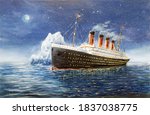 Original oil painting of Titanic and iceberg in ocean at night on canvas.Full moon and stars.Modern Impressionism