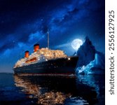  Original oil painting of Titanic and iceberg in ocean at night on canvas.Full moon and stars.Modern Impressionism
