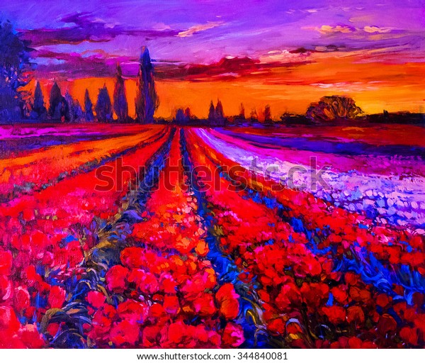 Original Oil Painting Tulips Field Front Stock Illustration 344840081 ...