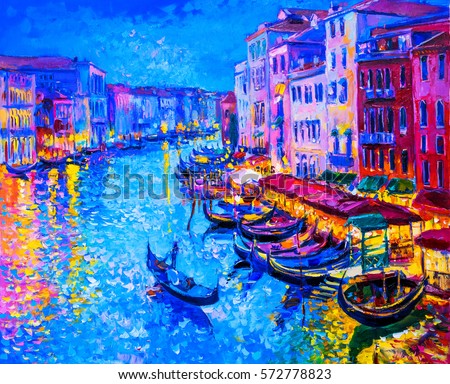 Original oil painting-gondola boat and Venice - Modern impressionism