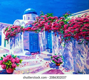 Original Oil Painting.Santorini With Flowers. ] Oil On Canvas. Modern Art