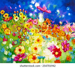 Original Oil Panting On Canvas.Field Of Flowers Lit By The Light.