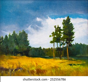 Original Oil Panting On Canvas.Sunny Day In The Forest.