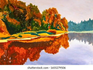 Original On Painting On Canvas By Artist Autumn On River. Russian Sea Landscape Nature Fine Art