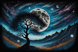 Original Painting With Mixed Media (acrylics And Charcoal) With Digital Post-processing.Moonlight Background With Tree Silhouette. 