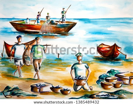 Original painting of a sea coast showing fishermen at work. Watercolor on sheet