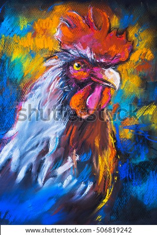 Original pastel painting of a colorful rooster on a cardboard.

