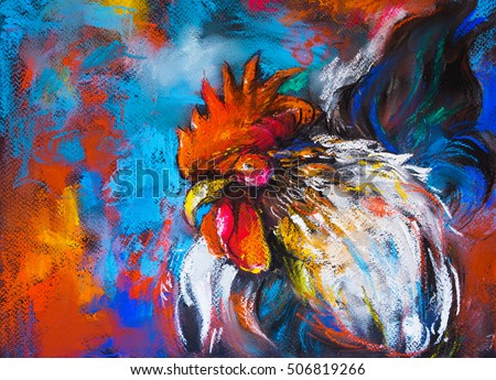 Original pastel painting of a colorful rooster on a cardboard.

