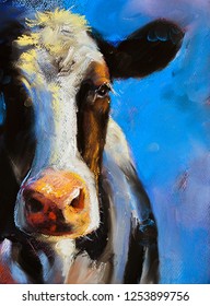 Original Pastel Painting. Cow Portrait.  Modern Art.