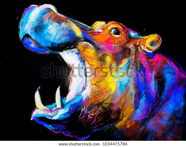 Original pastel painting of hippopotamus . Modern wall art.