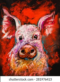 Original Pastel Painting On Cardboard. Pink Pig. Modern Art.