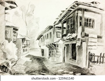  Original pencil  or drawing charcoal and  hand drawn painting or  working  sketch of a bulgarian traditional village street with houses