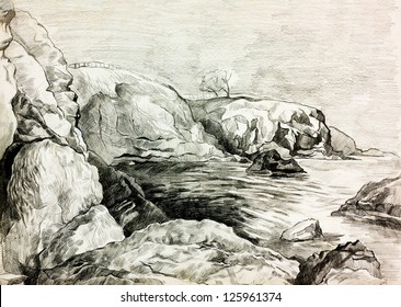  Original pencil  or drawing charcoal and  hand drawn painting or  working  sketch of a quiet lake or ocean and shore with trees and rocks